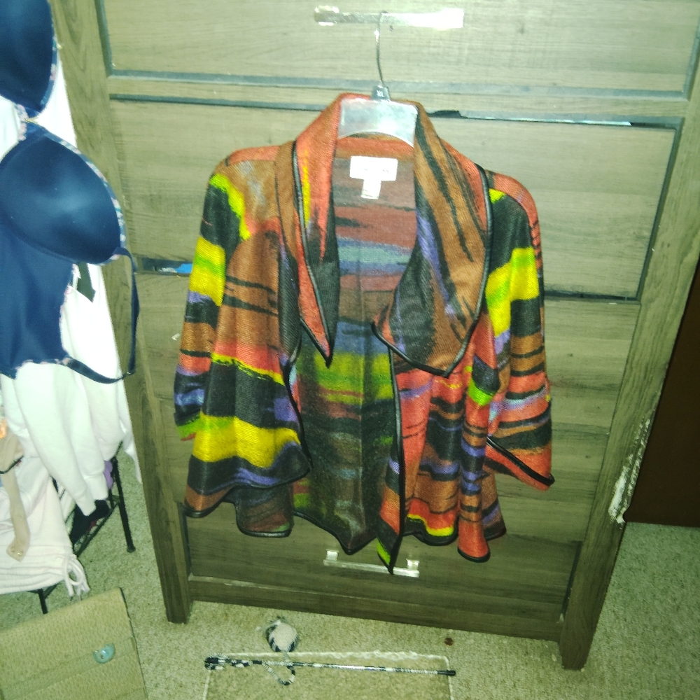 JOSEPH RIBKOFF 90's Watercolor Striped Shawl Sweater - Size 8 - Picture 2 of 7